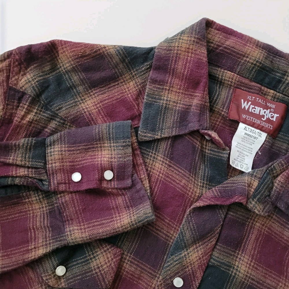 Wrangler Pearl Snap Shirt Men's Red Green Plaid Button Up XLT Cabincore Western